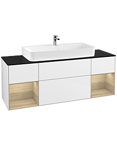 Villeroy und Boch Finion Waschtischunterschrank F212PCGF 160cm, Abdeckplatte black matt, Regale Oak Veneer, Glossy white lacquer