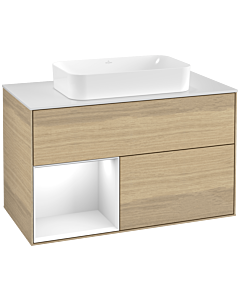 Villeroy und Boch Finion Waschtischunterschrank F241GFPC 100x60,3cm, Abdeckplatte white matt, Regal links Glossy white lacquer, Oak Veneer