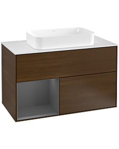 Villeroy und Boch Finion Waschtischunterschrank F241GKGN 100x60,3cm, Abdeckplatte white matt, Regal links Anthracite matt, Walnut veneer