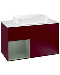 Villeroy und Boch Finion Villeroy und Boch F241GMHB 100x60,3cm, plaque de finition blanc mat, étagère à gauche Olive Matt Lacquer , Peony Matt