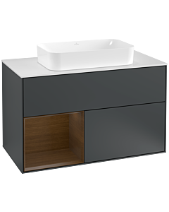 Villeroy und Boch Finion Waschtischunterschrank F241GNHG 100x60,3cm, Abdeckplatte white matt, Regal links Walnut veneer, Midnight Blue Matt Lacquer