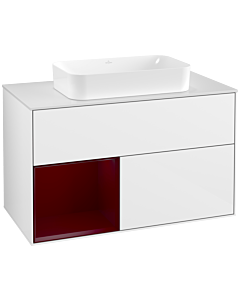 Villeroy und Boch Finion Waschtischunterschrank F241HBGF 100x60,3cm, Abdeckplatte white matt, Regal links Peony, Glossy white lacquer