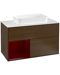 Villeroy und Boch Finion Waschtischunterschrank F241HBGN 100x60,3cm, Abdeckplatte white matt, Regal links Peony, Walnut veneer