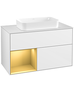 Villeroy und Boch Finion Waschtischunterschrank F241HFGF 100x60,3cm, Abdeckplatte white matt, Regal links Gold matt, Glossy white lacquer