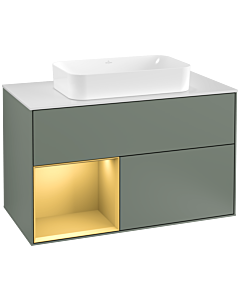 Villeroy und Boch Finion Waschtischunterschrank F241HFGM 100x60,3cm, Abdeckplatte white matt, Regal links Gold matt, Olive Matt Lacquer