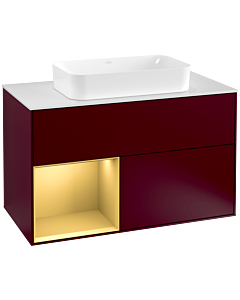 Villeroy und Boch Finion Waschtischunterschrank F241HFHB 100x60,3cm, Abdeckplatte white matt, Regal links Gold matt, Peony Matt