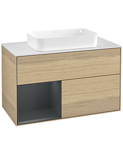 Villeroy und Boch Finion Waschtischunterschrank F241HGPC 100x60,3cm, Abdeckplatte white matt, Regal links Midnight Blue Matt Lacquer, Oak Veneer