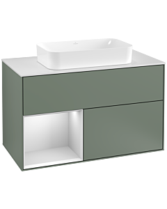 Villeroy und Boch Finion Villeroy und Boch F241MTGM 100x60,3cm, plaque de finition blanc mat, étagère gauche laqué blanc mat, Olive Matt Lacquer