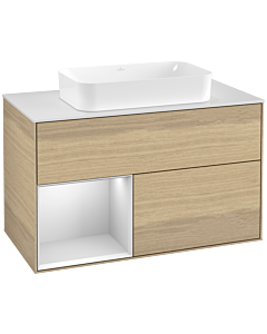 Villeroy und Boch Finion Villeroy und Boch F241MTPC 100x60,3cm, plaque de finition blanc mat, étagère gauche laqué blanc mat, Oak Veneer