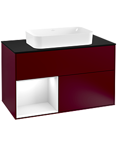 Villeroy und Boch Finion Waschtischunterschrank F242GFHB 100x60,3cm, Abdeckplatte black matt, Regal links Glossy white lacquer, Peony Matt