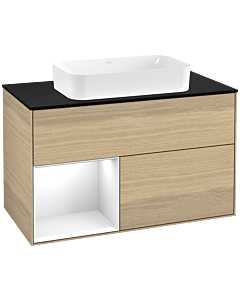 Villeroy und Boch Finion Villeroy und Boch F242GFPC 100x60,3cm, plaque de finition noir mat, étagère gauche laqué blanc brillant, Oak Veneer