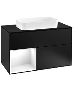 Villeroy und Boch Finion Waschtischunterschrank F242GFPD 100x60,3cm, Abdeckplatte black matt, Regal links Glossy white lacquer, Black matt lacquer