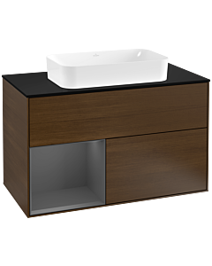 Villeroy und Boch Finion Waschtischunterschrank F242GKGN 100x60,3cm, Abdeckplatte black matt, Regal links Anthracite matt, Walnut veneer