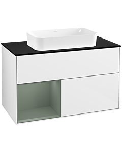 Villeroy und Boch Finion Villeroy und Boch F242GMGF 100x60,3cm, plaque de finition noir mat, étagère gauche Olive Matt Lacquer , laqué blanc brillant