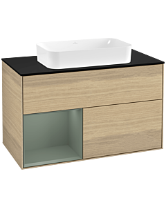 Villeroy und Boch Finion Waschtischunterschrank F242GMPC 100x60,3cm, Abdeckplatte black matt, Regal links Olive Matt Lacquer, Oak Veneer
