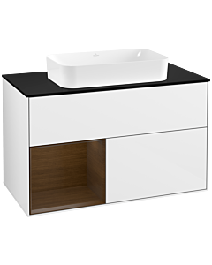 Villeroy und Boch Finion Waschtischunterschrank F242GNGF 100x60,3cm, Abdeckplatte black matt, Regal links Walnut veneer, Glossy white lacquer