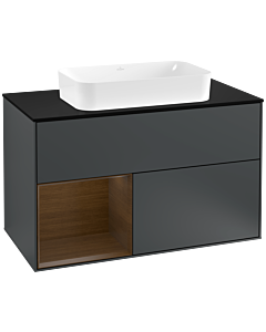 Villeroy und Boch Finion Villeroy und Boch F242GNHG 100x60,3cm, plaque de finition noir mat, étagère gauche placage noyer, Midnight Blue Matt Lacquer