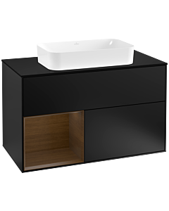 Villeroy und Boch Finion Waschtischunterschrank F242GNPD 100x60,3cm, Abdeckplatte black matt, Regal links Walnut veneer, Black matt lacquer