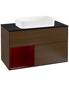 Villeroy und Boch Finion Waschtischunterschrank F242HBGN 100x60,3cm, Abdeckplatte black matt, Regal links Peony, Walnut veneer