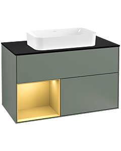 Villeroy und Boch Finion Waschtischunterschrank F242HFGM 100x60,3cm, Abdeckplatte black matt, Regal links Gold matt, Olive Matt Lacquer