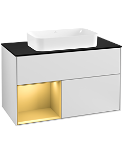 Villeroy und Boch Finion Villeroy und Boch F242HFMT 100x60,3cm, plaque de finition noir mat, étagère gauche or mat, laqué blanc mat