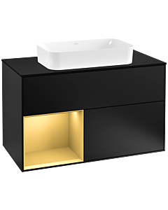 Villeroy und Boch Finion Waschtischunterschrank F242HFPD 100x60,3cm, Abdeckplatte black matt, Regal links Gold matt, Black matt lacquer