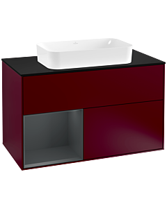 Villeroy und Boch Finion Waschtischunterschrank F242HGHB 100x60,3cm, Abdeckplatte black matt, Regal links Midnight Blue Matt Lacquer, Peony Matt