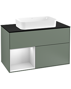 Villeroy und Boch Finion Villeroy und Boch F242MTGM 100x60,3cm, plaque de finition noir mat, étagère gauche laqué blanc mat, Olive Matt Lacquer