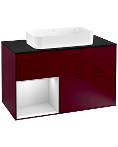 Villeroy und Boch Finion Waschtischunterschrank F242MTHB 100x60,3cm, Abdeckplatte black matt, Regal links White matt lacquer, Peony Matt