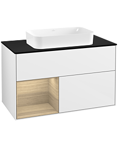 Villeroy und Boch Finion Villeroy und Boch F242PCGF 100x60,3cm, plaque de finition noir mat, étagère gauche Oak Veneer , laqué blanc brillant