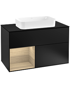 Villeroy und Boch Finion Waschtischunterschrank F242PCPD 100x60,3cm, Abdeckplatte black matt, Regal links Oak Veneer, Black matt lacquer