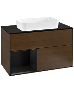 Villeroy und Boch Finion Waschtischunterschrank F242PDGN 100x60,3cm, Abdeckplatte black matt, Regal links Black matt lacquer, Walnut veneer