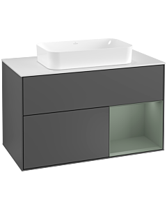 Villeroy und Boch Finion Waschtischunterschrank F251GMGK 100x60,3cm, Abdeckplatte white matt, Regal rechts Olive Matt Lacquer, Anthracite matt