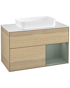 Villeroy und Boch Finion Villeroy und Boch F251GMPC 100x60,3cm, plaque de finition blanc mat, étagère à droite Olive Matt Lacquer , Oak Veneer