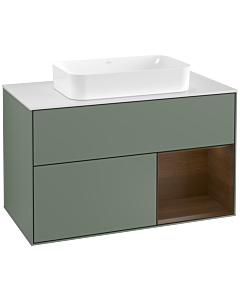 Villeroy und Boch Finion Waschtischunterschrank F251GNGM 100x60,3cm, Abdeckplatte white matt, Regal rechts Walnut veneer, Olive Matt Lacquer