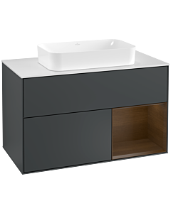 Villeroy und Boch Finion Villeroy und Boch F251GNHG 100x60,3cm, plaque de finition blanc mat, étagère à droite placage noyer, Midnight Blue Matt Lacquer