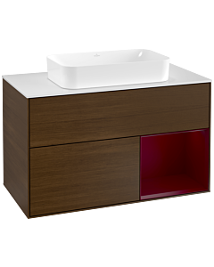 Villeroy und Boch Finion Waschtischunterschrank F251HBGN 100x60,3cm, Abdeckplatte white matt, Regal rechts Peony, Walnut veneer