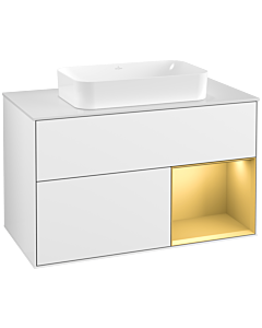 Villeroy und Boch Finion Villeroy und Boch F251HFGF 100x60,3cm, plaque de finition blanc mat, étagère à droite or mat, laqué blanc brillant
