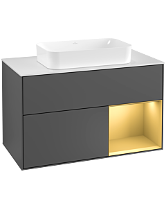 Villeroy und Boch Finion Waschtischunterschrank F251HFGK 100x60,3cm, Abdeckplatte white matt, Regal rechts Gold matt, Anthracite matt