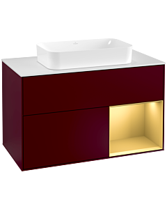 Villeroy und Boch Finion Waschtischunterschrank F251HFHB 100x60,3cm, Abdeckplatte white matt, Regal rechts Gold matt, Peony Matt