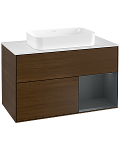 Villeroy und Boch Finion Waschtischunterschrank F251HGGN 100x60,3cm, Abdeckplatte white matt, Regal rechts Midnight Blue Matt Lacquer, Walnut veneer
