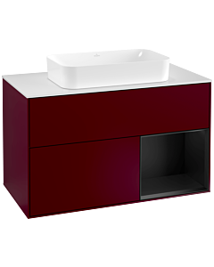 Villeroy und Boch Finion Waschtischunterschrank F251PDHB 100x60,3cm, Abdeckplatte white matt, Regal rechts Black matt lacquer, Peony Matt