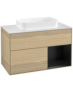 Villeroy und Boch Finion Waschtischunterschrank F251PDPC 100x60,3cm, Abdeckplatte white matt, Regal rechts Black matt lacquer, Oak Veneer
