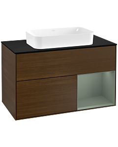 Villeroy und Boch Finion Waschtischunterschrank F252GMGN 100x60,3cm, Abdeckplatte black matt, Regal rechts Olive Matt Lacquer, Walnut veneer