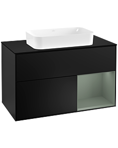 Villeroy und Boch Finion Waschtischunterschrank F252GMPD 100x60,3cm, Abdeckplatte black matt, Regal rechts Olive Matt Lacquer, Black matt lacquer