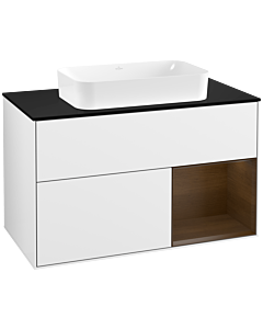 Villeroy und Boch Finion Waschtischunterschrank F252GNGF 100x60,3cm, Abdeckplatte black matt, Regal rechts Walnut veneer, Glossy white lacquer