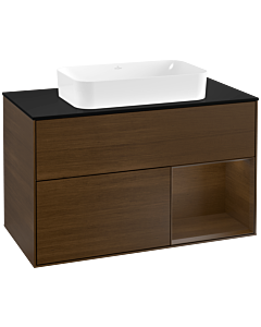 Villeroy und Boch Finion Waschtischunterschrank F252GNGN 100x60,3cm, Abdeckplatte black matt, Regal rechts Walnut veneer, Walnut veneer
