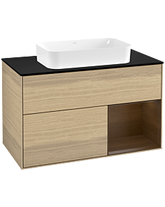 Villeroy und Boch Finion Waschtischunterschrank F252GNPC 100x60,3cm, Abdeckplatte black matt, Regal rechts Walnut veneer, Oak Veneer