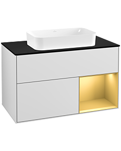 Villeroy und Boch Finion Waschtischunterschrank F252HFMT 100x60,3cm, Abdeckplatte black matt, Regal rechts Gold matt, White matt lacquer