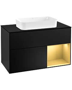 Villeroy und Boch Finion Waschtischunterschrank F252HFPD 100x60,3cm, Abdeckplatte black matt, Regal rechts Gold matt, Black matt lacquer